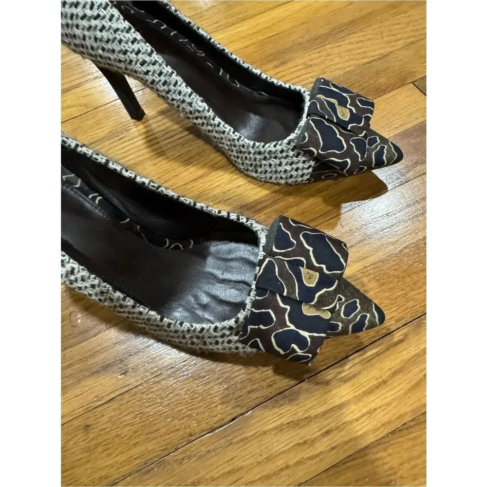 Tory Burch Cleo Tweed and Silk Patterned Bow Woven Pointed-Toe High Heels